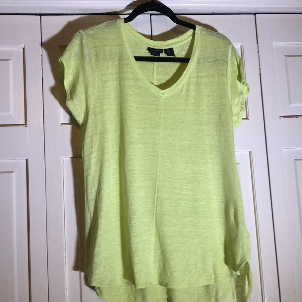 Tahari Linen Bright Green tunic top V Neck SZ L